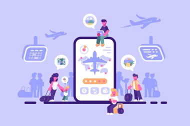 Online bilet servisi internet uygulama vektör illüstrasyonu. İnsanlar uçak biletlerini app düz stil tasarımıyla modern cihazlarla ayırtıyor. Mor üzerine izole edilmiş.