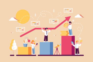 Uzun vadeli planlama vektör çizimi stratejisi. İş adamı, proje mali raporunu ve başarılı iş geliştirme çalışmalarını analiz ediyor. Grafik grafiği ve büyüme okuyla çalışan takım