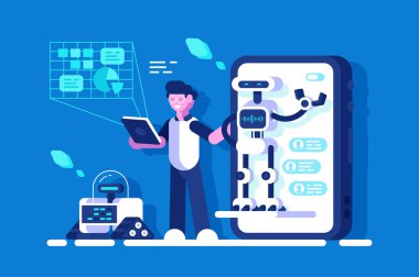 Sohbet robotu çiziminin sunumunu yapan geliştirici. İnternette Robot 'la konuşuyorum. Sanal mobil uygulama yardımı düz stil konsepti. Geleceğin teknolojisi.