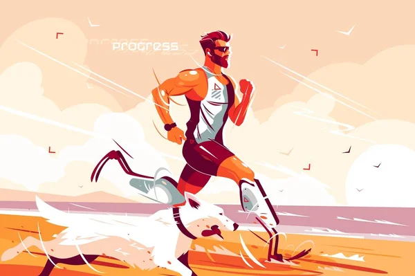 Man Prosthetic Legs Running Seashore Vector Illustration Jogging Athlete Prostheses — Stock Vector