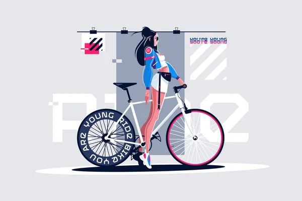 Chica Bonita Ilustración Vectores Bicicleta Carretera Preciosa Mujer Pie Carretera — Vector de stock