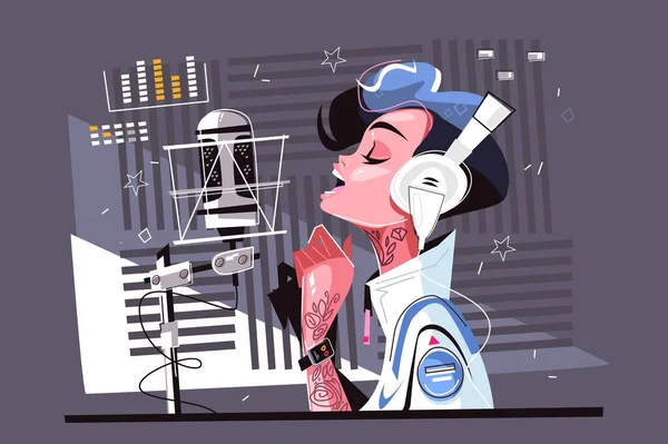 Ilustrasi Vektor Rekaman Suara Wanita Kartun Cantik Dengan Pakaian Bergaya - Stok Vektor