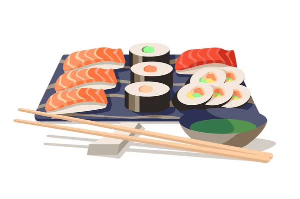 Comida asiática sushi a bordo con palillos de madera — Vector de stock