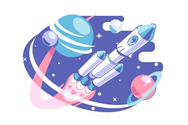 Uzay ve galaksi vektör illüstrasyonunu araştırıyor. Uzay gemisindeki astronot düz bir evren keşfetti. Yıldızlar ve gezegenler. Astronomi ve bilim konsepti. Beyaz arkaplanda izole