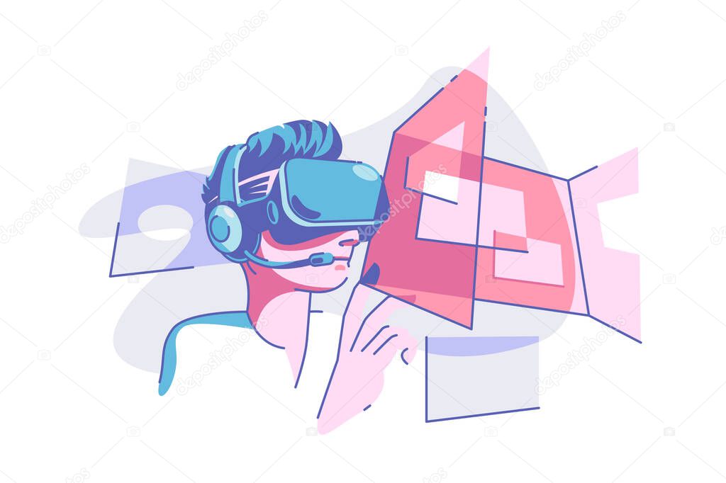Virtual reality glasses vector illustration. Person wearing vr glasses and having fun flat style. Modern technology and entertainment concept. Isolated on white background