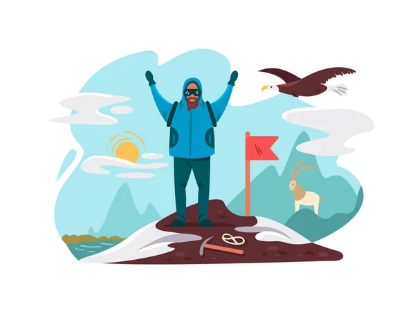 Happy Mountaineer Top Mountain Goal Achievement Flat Vector Illustration — Stock Vector