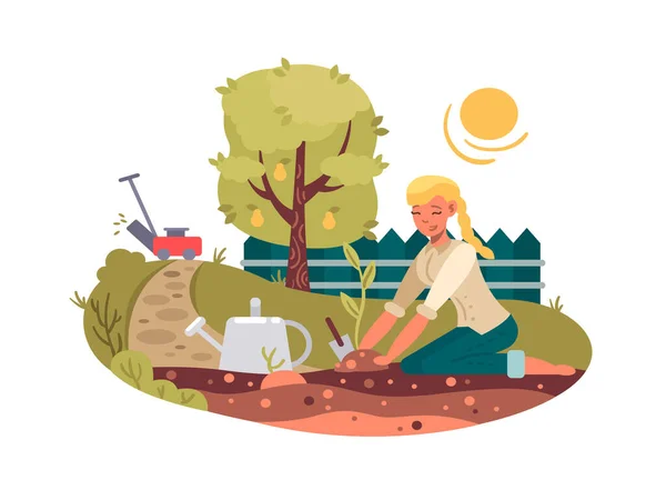 Niña Plantando Plántulas Jardín Verde Ilustración Plana Del Vector — Archivo Imágenes Vectoriales