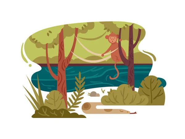 Forêt Jungle Sauvage Avec Rivière Orageuse Animaux Illustration Vectorielle — Image vectorielle
