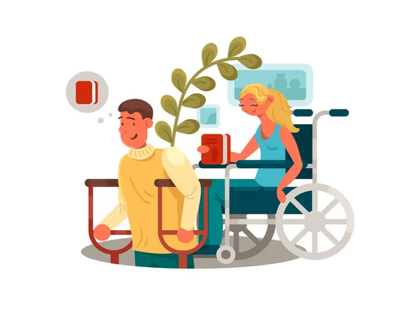 Лица Ограниченными Возможностями Мужчина Костылями Женщина Инвалидном Кресле Векторная Иллюстрация — стоковый вектор