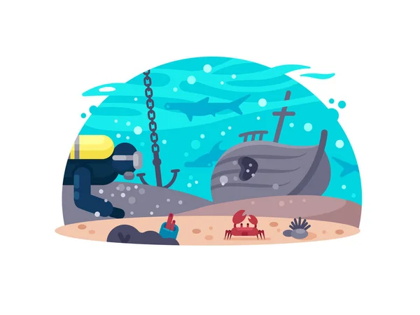 Buceo Descanso Activo Buceador Cerca Del Barco Hundido Ilustración Vectorial — Archivo Imágenes Vectoriales