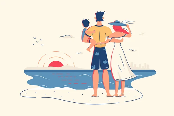 Famiglia godere della vista sull'oceano sulla spiaggia — Vettoriale Stock