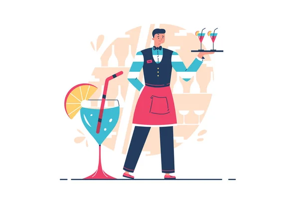 Professional waiter holding tray with drinks — Image vectorielle