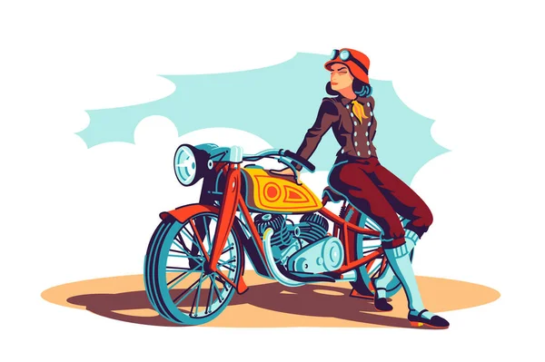 Mujer motociclista en moto — Vector de stock