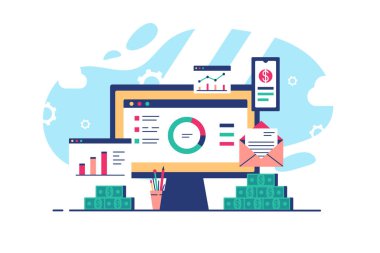 Dizüstü bilgisayarı olan ve açık web siteleri olan işyeri