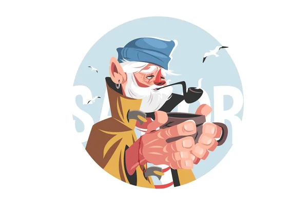 Ψαράς Θερμό Ποτό Διανυσματική Απεικόνιση Γέρος Καπέλο Καπνίζει Πίπα Γλάροι — Διανυσματικό Αρχείο