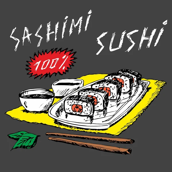 Des sushis Sashimi. Vecteur. Dessiné à la main . — Image vectorielle