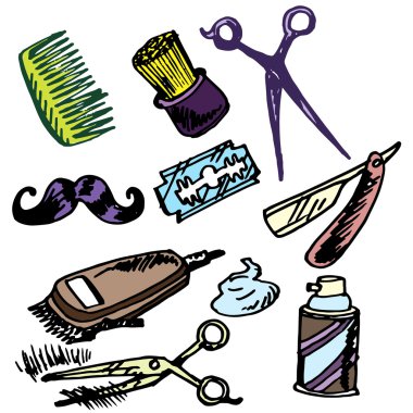 Kuaför Salonu. Vektör. Elle çizilmiş. Kuaförler için öğeleri.
