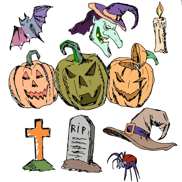 Padrão sem costura vetorial para o Halloween. Abóbora, fantasma, aranhas, velas, boné, monumento, sepultura e outros itens sobre o tema. Desenhos animados brilhantes —  Vetores de Stock