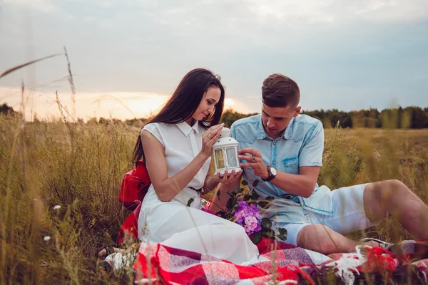 Bella giovane coppia felice amorevole sul pic-nic sdraiato sul plaid nella soleggiata giornata estiva godendo e riposando. abbracciarsi e guardarsi e sorridere . — Foto Stock