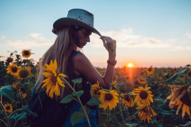 Ayçiçeği bir alanda kovboy şapkalı kız. Günbatımı