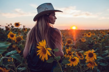 Ayçiçeği bir alanda kovboy şapkalı kız. Günbatımı