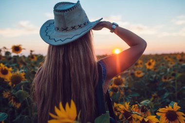 Ayçiçeği bir alanda kovboy şapkalı kız. Günbatımı