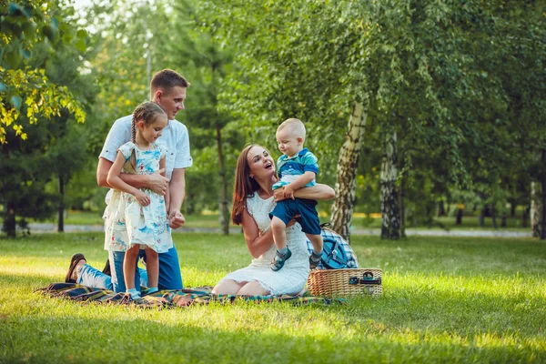 Unga lycklig familj av fyra på picknick i parken — Stockfoto