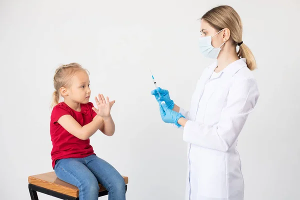 Child Covers Himself Crossed Arms Doctor Syringe — Stock Photo, Image