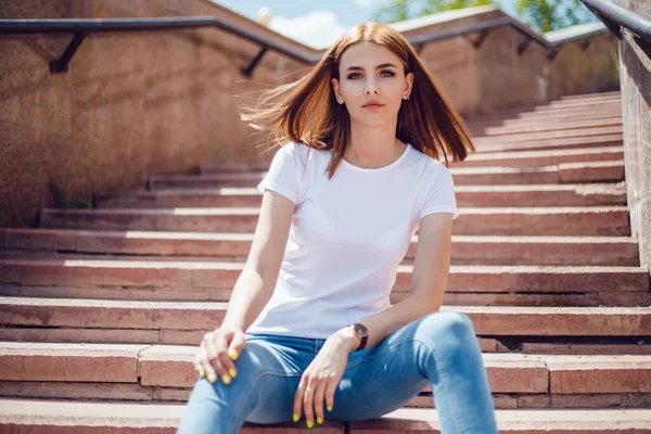 Young Woman White Shirt Sits Steps Stairs Mock — Stock Photo, Image