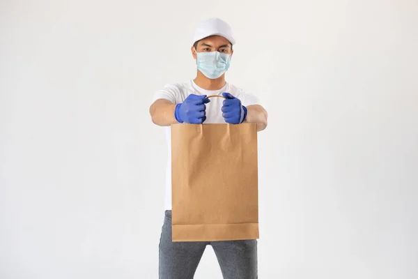 Delivery Man Protective Mask Gloves Holds Craft Bag Mock — Stockfoto