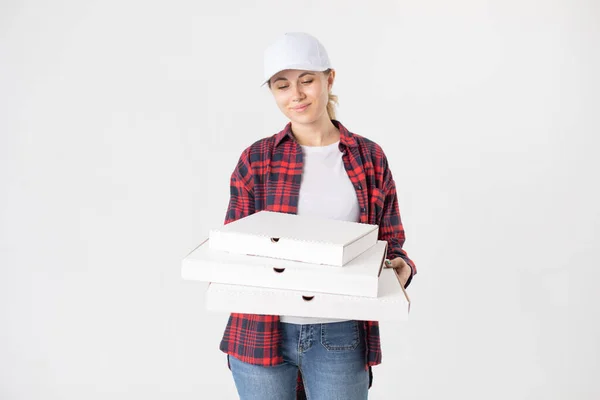 Delivery Woman White Cap Plaid Shirt Holding White Boxes Pizza — Stock Fotó