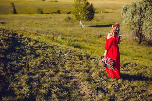 Menina no vestido vermelho está andando No campo — Fotografia de Stock