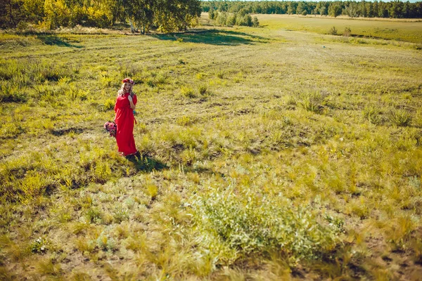 Chica en el vestido rojo está caminando en el campo —  Fotos de Stock