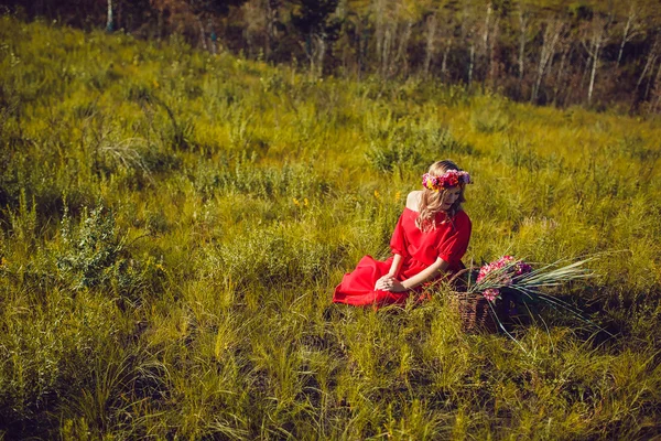 Chica en el vestido rojo está caminando en el campo —  Fotos de Stock