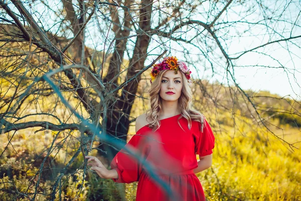 Chica en el vestido rojo está caminando en el campo —  Fotos de Stock