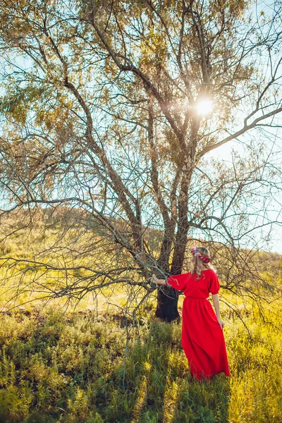 Mädchen im roten Kleid geht aufs Feld — Stockfoto