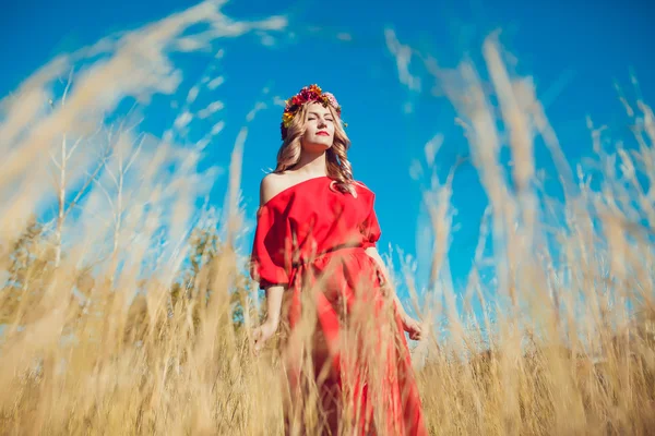 Chica en el vestido rojo está caminando en el campo —  Fotos de Stock