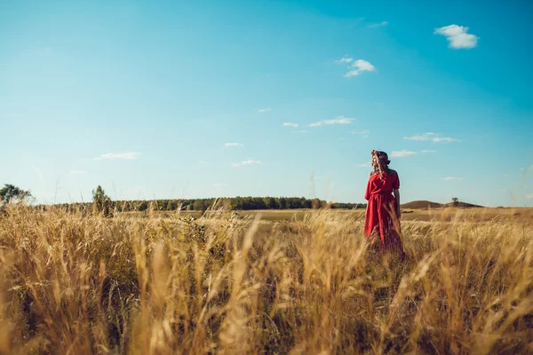 Mädchen im roten Kleid geht aufs Feld — Stockfoto