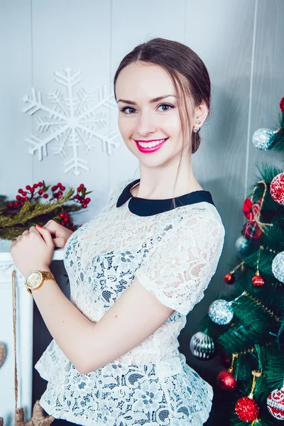 Beautiful Girl on the Background of New Year's decoration — Stock Photo, Image