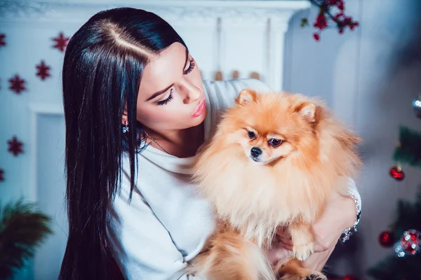 Chica con un perro en el fondo de la decoración de Año Nuevo . — Foto de Stock