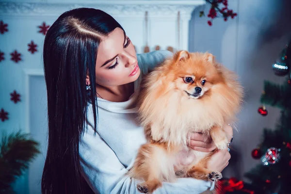 Tjej med en hund på bakgrund av nyår dekoration. — Stockfoto