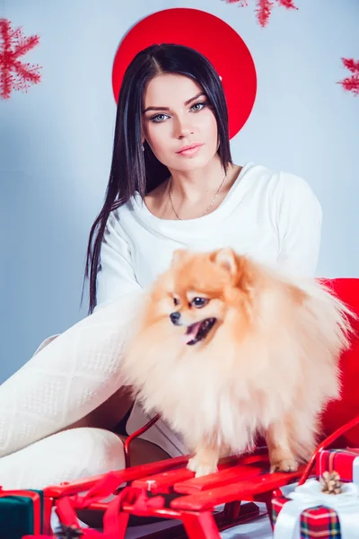 Tjej med en hund på bakgrunden av nya år dekoration. — Stockfoto