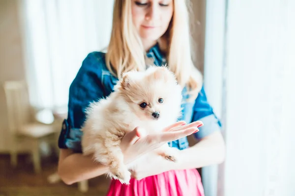 Mulher loira bonita com seu cão em um belo interior — Fotografia de Stock