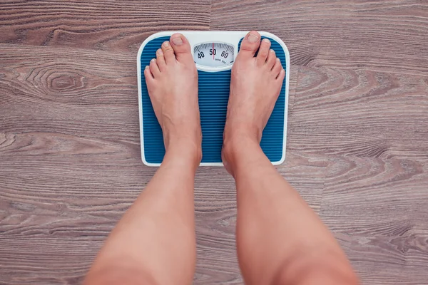 Girl is measuring her weight on the scales.