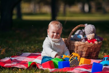 Çocuk sonbahar ormandaki oyuncaklarla çalış