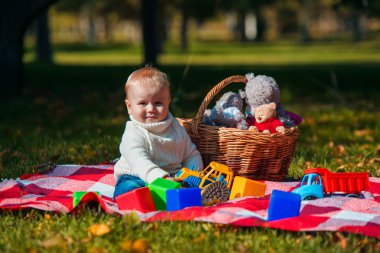Çocuk sonbahar ormandaki oyuncaklarla çalış