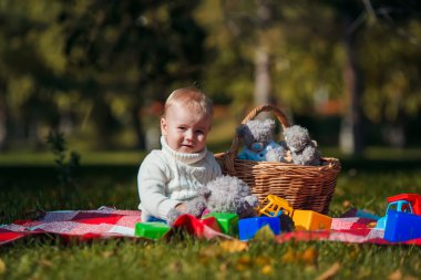 Çocuk sonbahar ormandaki oyuncaklarla çalış
