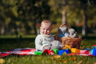 Çocuk sonbahar ormandaki oyuncaklarla çalış