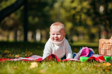 Çocuk sonbahar ormandaki oyuncaklarla çalış