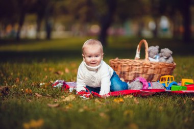 Çocuk sonbahar ormandaki oyuncaklarla çalış